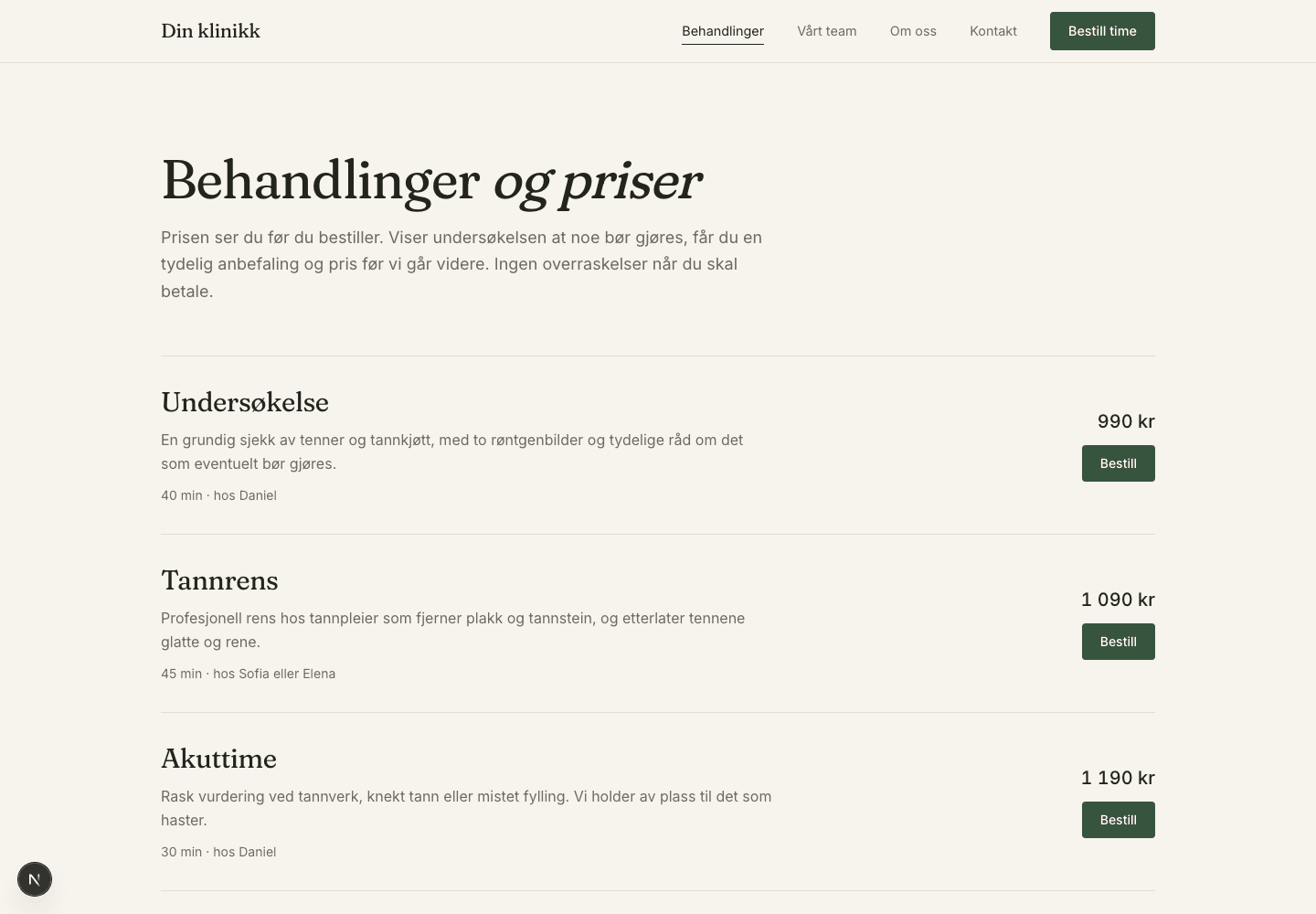 Designkonsept: behandlinger med priser